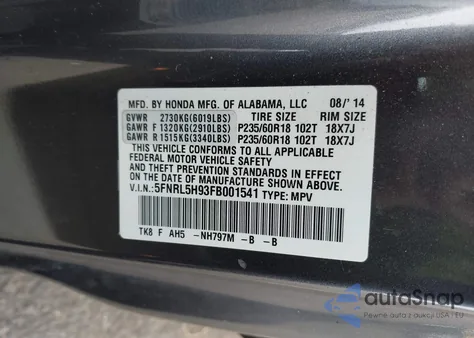 2015 Honda Odyssey Touring/Touring Elite z USA, uszkodzony, nr VIN 5FNRL5H93FB001541